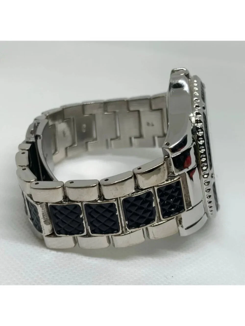 FMD men’s silver black tone wrist watch quartz analog 48mm size 7” running